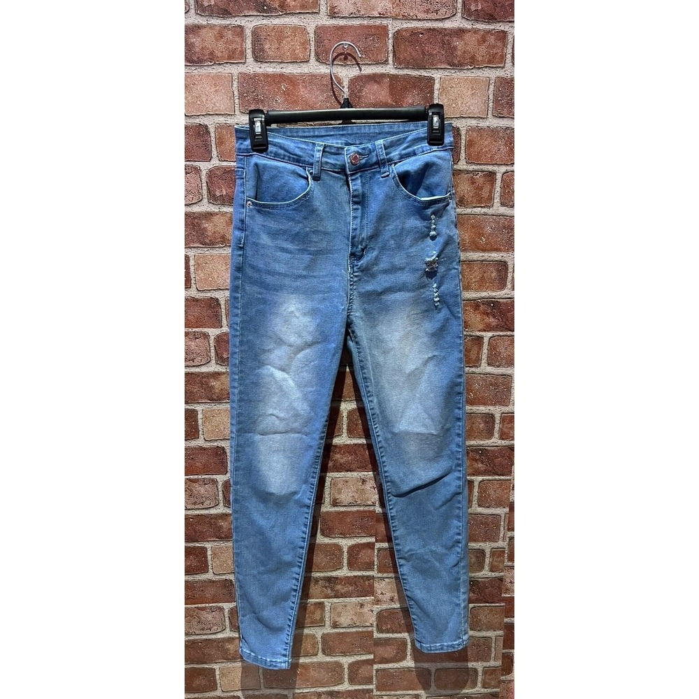 SHEIN Women's Size M Solid Light Blue Denim Distressed Stretch Casual Jeans